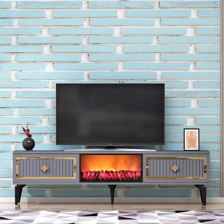 Mueble TV Flame Fireplace Antracita Oro