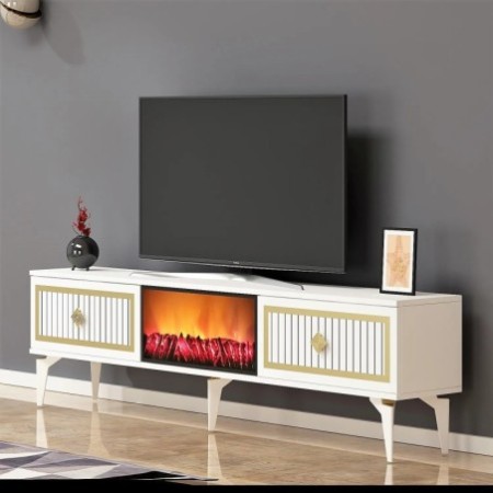 Mueble TV Flame Fireplace Blanco Oro