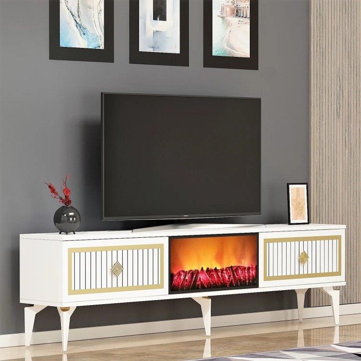 Mueble TV Flame Fireplace Blanco Oro