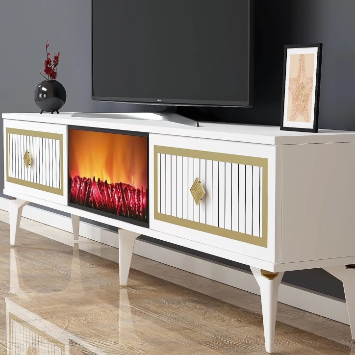 Mueble TV Flame Fireplace Blanco Oro