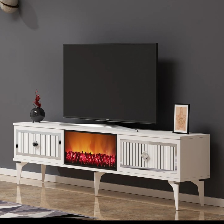 Mueble TV Flame Fireplace Blanco Plata