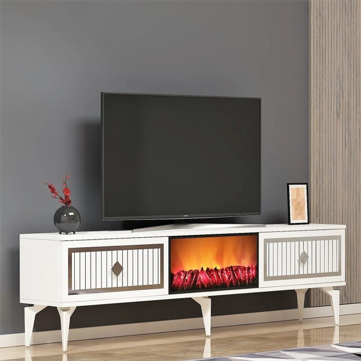 Mueble TV Flame Fireplace Blanco Plata