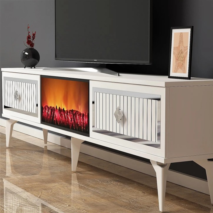 Mueble TV Flame Fireplace Blanco Plata