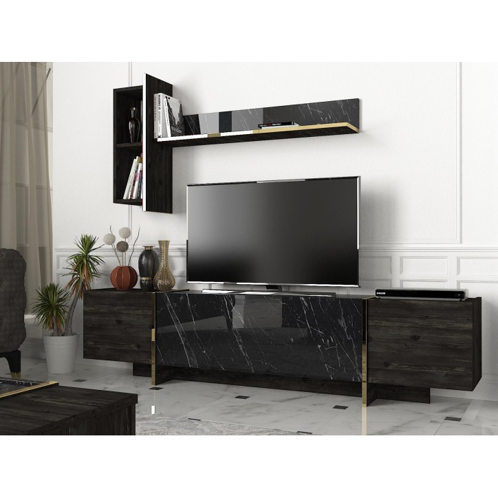 Mueble TV con estante Veyron dorado negro