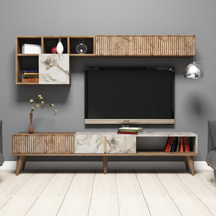 Mueble TV con estante Milan blanco nogal