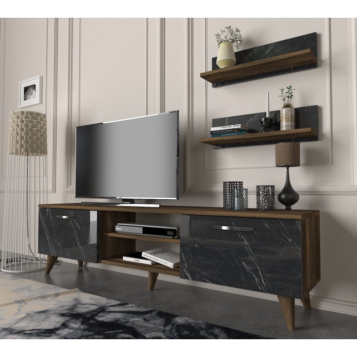 Mueble TV con estante Ayden mármol nogal