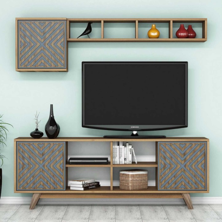 Mueble TV con estante İnci azul nogal