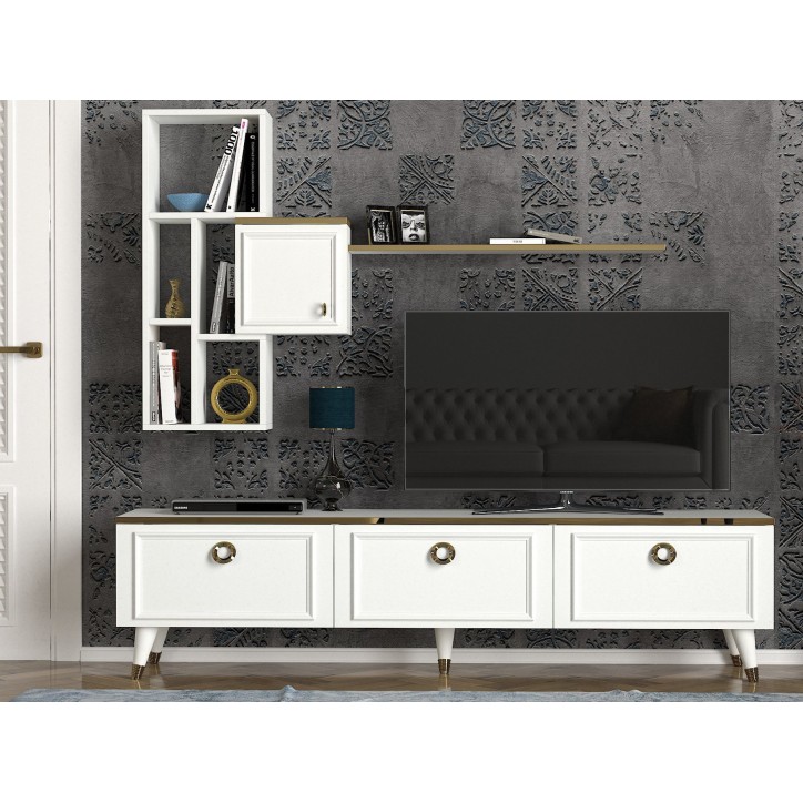 Mueble TV con estante Kornelya dorado blanco