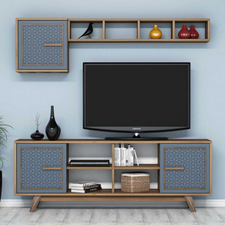 Mueble TV con estante Ayla azul nogal