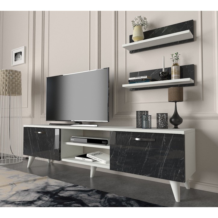 Mueble TV con estante Geacles mármol blanco