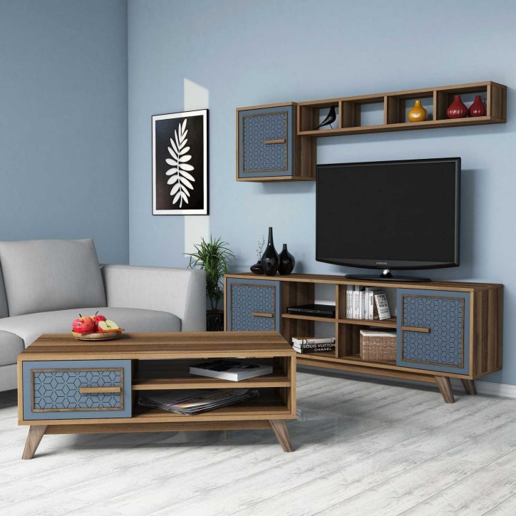 Conjunto de muebles de salón Ayla azul nogal