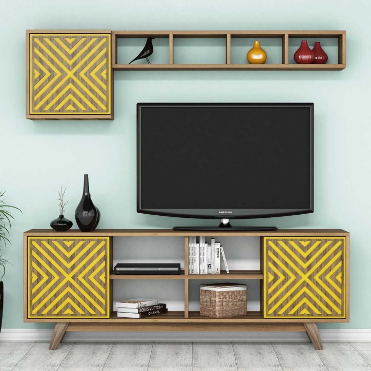 Mueble TV con estante İnci amarillo nogal