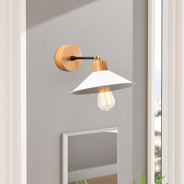 Lámpara de pared Manavgat-N-628 blanco metal madera diámetro 24x20 cm