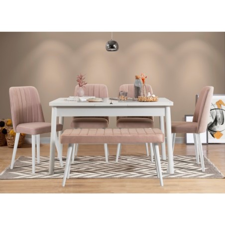 Set mesa comedor extensible y sillas (6 piezas) Santiago piedra blanco