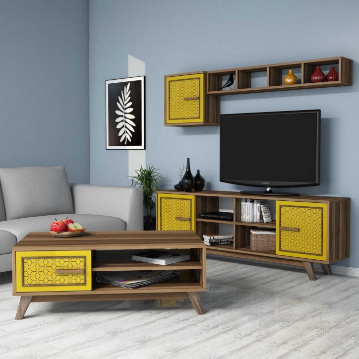 Conjunto de muebles de salón Ayla amarillo nogal