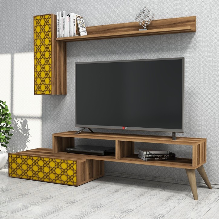 Mueble TV con estante Planet amarillo nogal