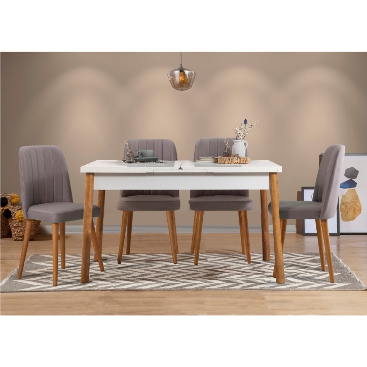 Set mesa comedor extensible y sillas (5 piezas) Santiago pino atlántico blanco gris