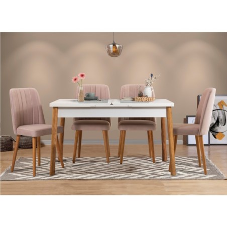 Set mesa comedor extensible y sillas (5 piezas) Santiago pino atlántico blanco piedra