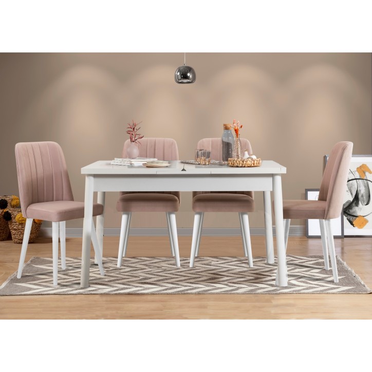 Set mesa comedor extensible y sillas (5 piezas) Santiago V2 piedra blanco