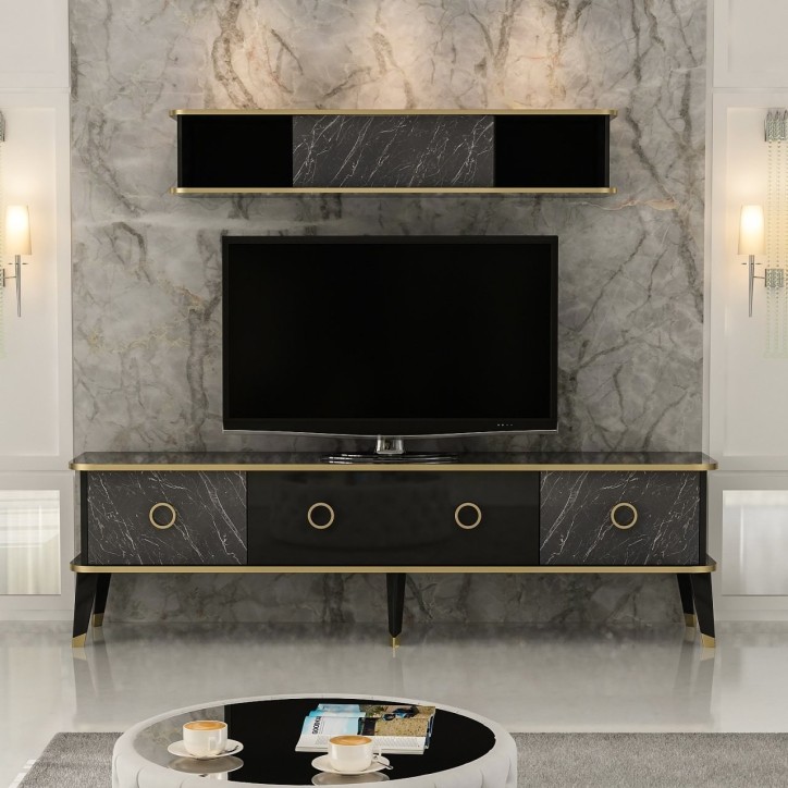 Mueble TV con estante Bien dorado negro gris