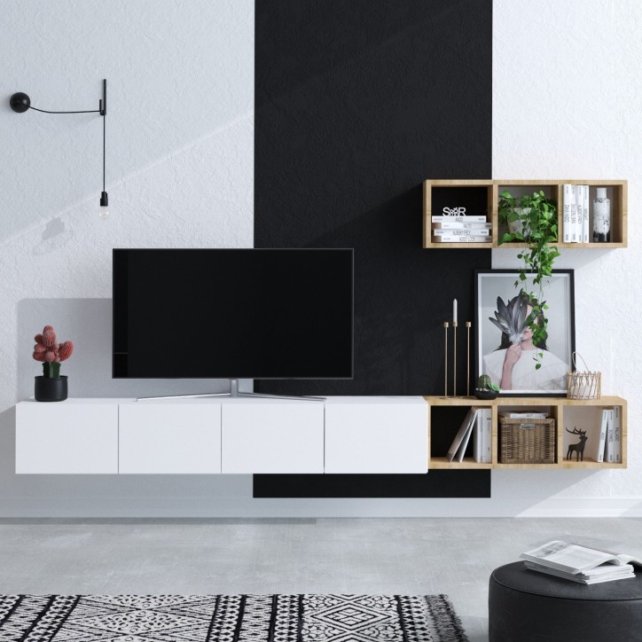 Mueble TV con estante Pıa roble blanco