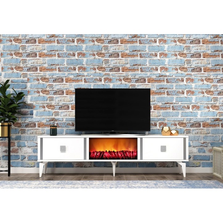 Mueble TV Doruk Fireplace Blanco Plata