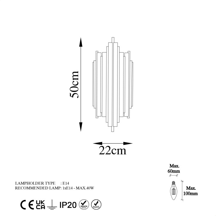 Lámpara de pared Reis-13341 oro metal 18x40x8 cm