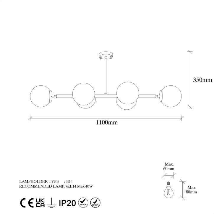 Lámpara de techo Fazli-10501 oro cobrizo metal vidrio 110x40x35 cm