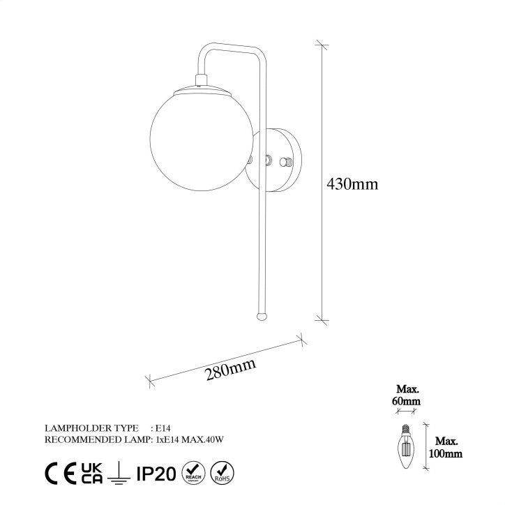 Lámpara de pared Viran-10920 oro cobrizo metal vidrio 15x28x43