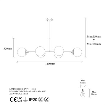 Lámpara de techo Fazli-10495 negro oro cobrizo metal vidrio 110x40x35-66 cm - 8683342387200