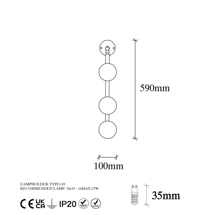 Lámpara de pared Domino-11045 oro brillante metal vidrio 10x24x59 cm