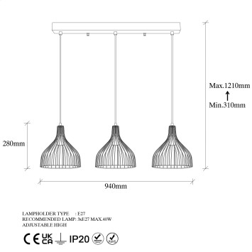 Lámpara de techo CAFU-11565-1 negro oro cobrizo metal 94x25x121 cm - 8683342834612