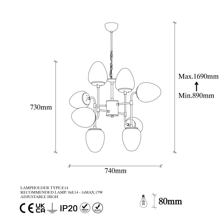 Lámpara de techo Ns-10700 oro cobrizo metal vidrio 74x74x89-169 cm