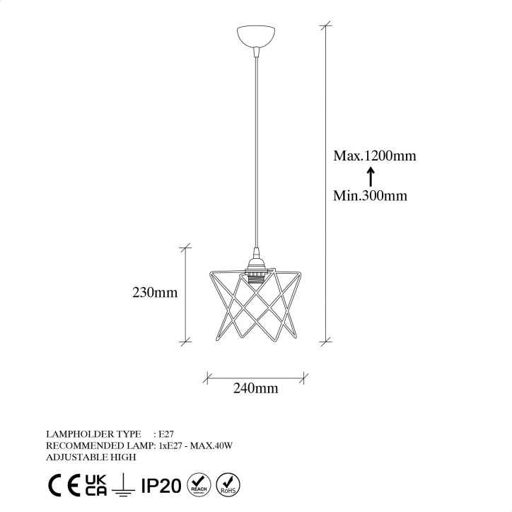 Lámpara de techo Akkas-6616 negro metal diámetro 24x30-120 cm