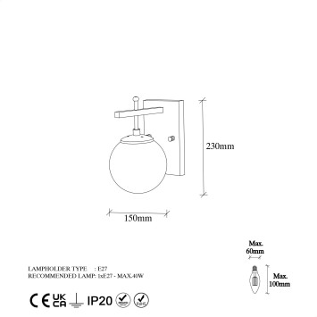 Lámpara de pared Zahar-13110 oro metal vidrio 15x20x15 cm - 8683743270033