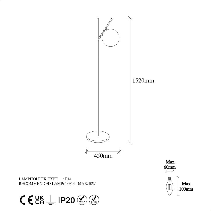 Lámpara de pie Fork-13028 oro metal vidrio 31x45x152 cm