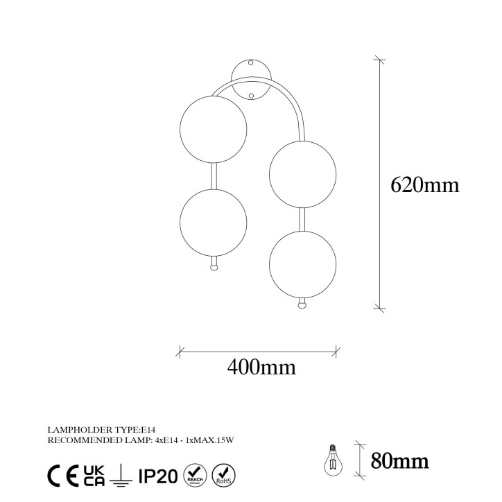 Lámpara de pared Jewel-10605 oro brillante metal vidrio 40x26x62 cm