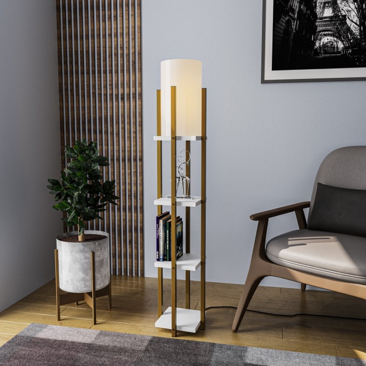 Lámpara de pie Shelf Lamp-8119 blanco oro metal tela 25x25x130 cm