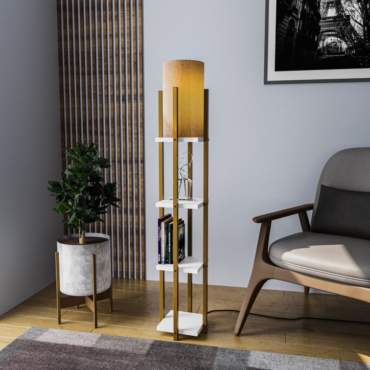 Lámpara de pie Shelf Lamp-8120 blanco oro metal tela 25x25x130 cm