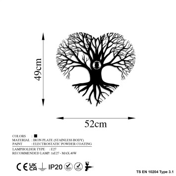 Lámpara de pared Heart Tree negro metal 52x49x9 cm - 8683743676422