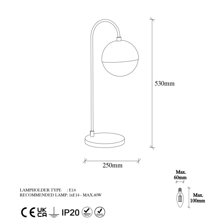 Lámpara de mesa Horn-12202 oro metal vidrio 18x25x53 cm