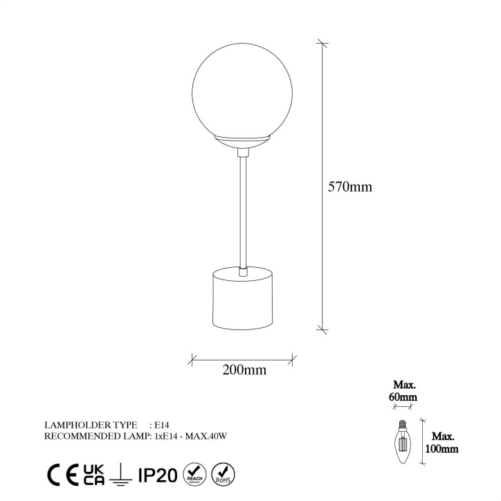 Lámpara de mesa Globo-13061 blanco metal vidrio 20x20x57 cm