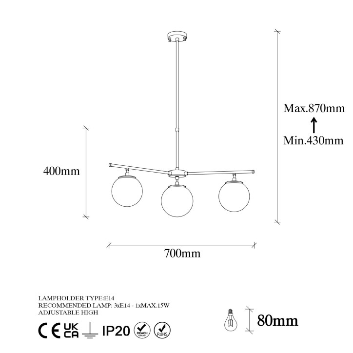 Lámpara de techo Atmaca-10256 oro cobrizo metal vidrio 70x70x43-87 cm