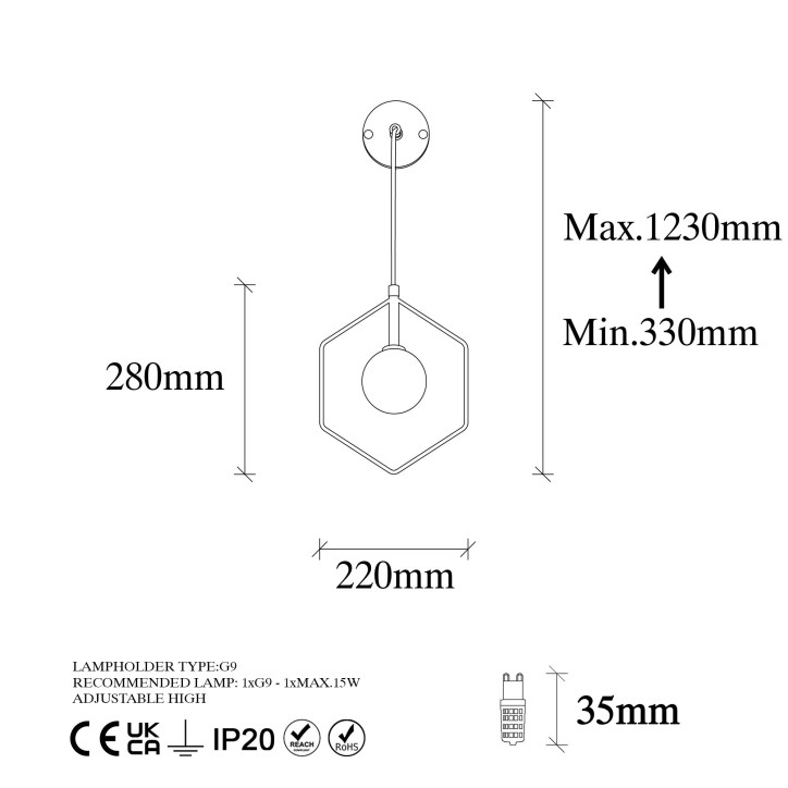 Lámpara de pared Geometri-11105 blanco negro metal vidrio 22x15x43-119 cm