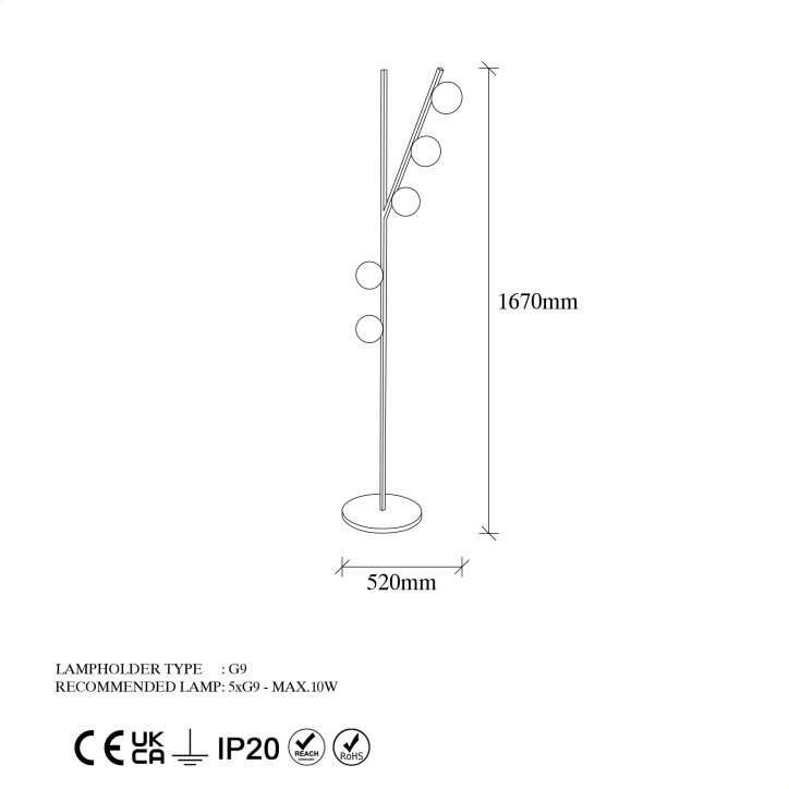 Lámpara de pie Domino-11042 oro metal vidrio 31x52x167 cm