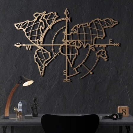 Decoración pared de metal World Map Compass Gold oro 65x95 cm