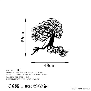 Lámpara de pared Tree Woman negro metal 48x49x9 cm - 8683743676408