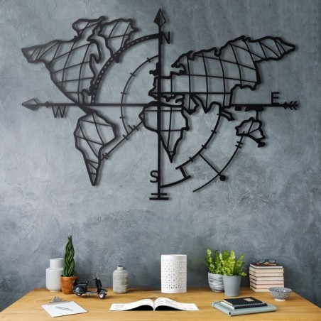 Decoración pared de metal World Map Compass negro 65x95 cm