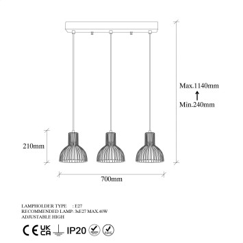 Lámpara de techo VAZO-12120 negro oro cobrizo metal 70x17x114 cm - 8683342835817