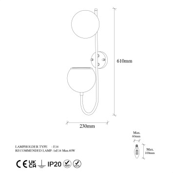 Lámpara de pared Pot-11485 oro brillante metal vidrio 15x23x61 cm - 8683342388108